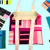 Colorful fabric pieces with patterns on a light blue background