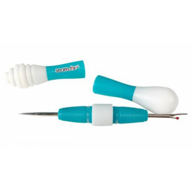 Blue and white double sided seam ripper and awl with caps.