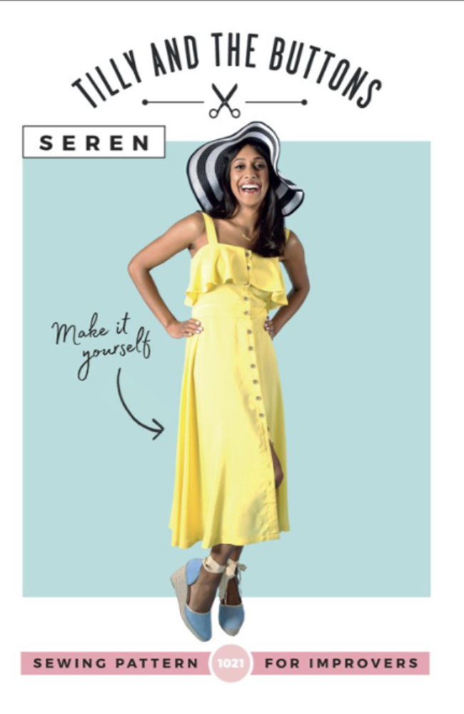 Model wearing a yellow dress and big black and white striped sun hat on a blue background with Tilly and the Buttons branding and text.