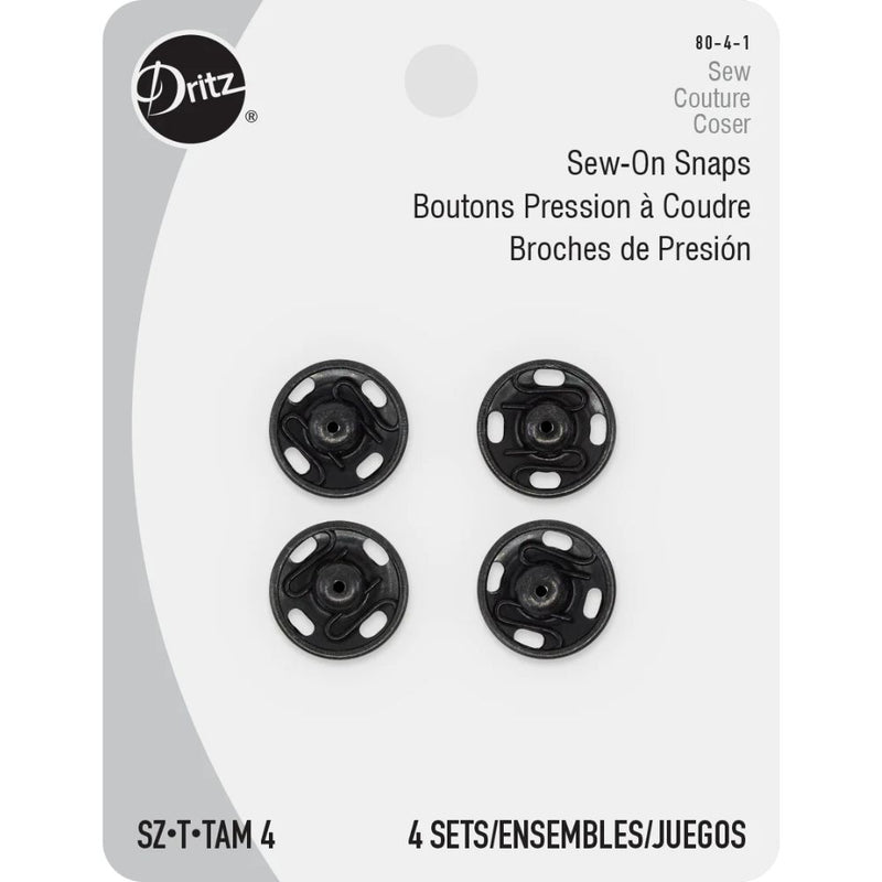 Pack of black sew-on snaps with Dritz branding on a white background