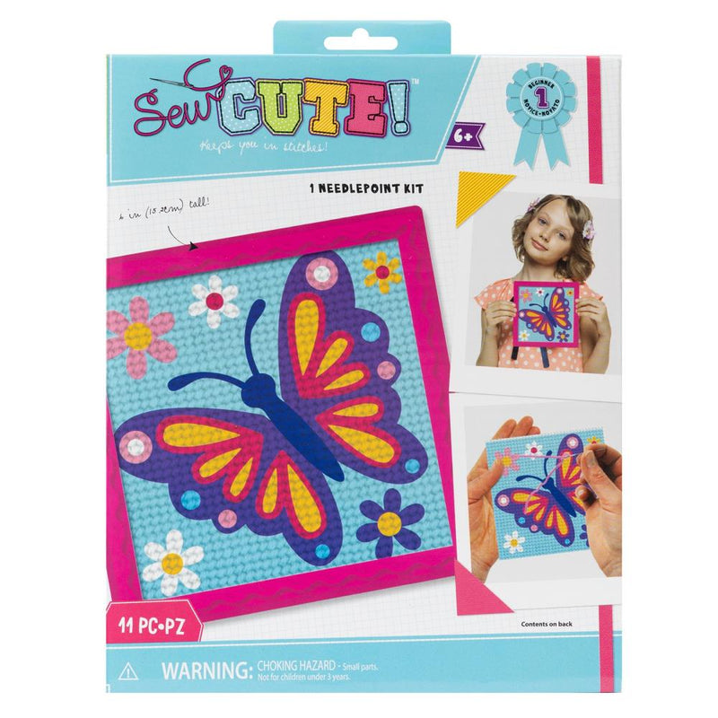 Sew Cute needlepoint kit packaging with butterfly design and child holding a completed project.