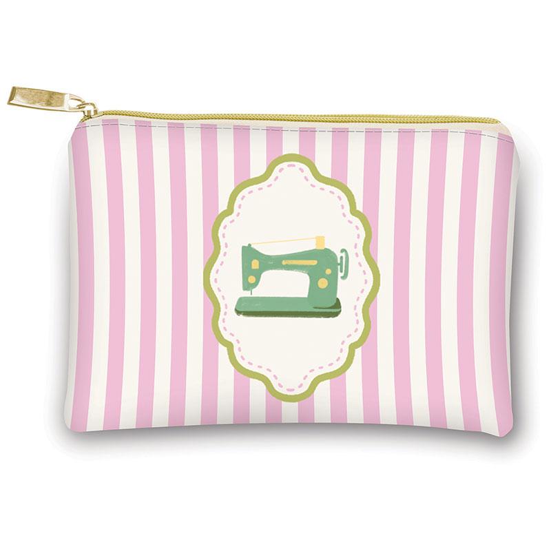 A small zippered pouch with pink and white vertical stripes, featuring a central cream-colored label with a green sewing machine illustration and a gold zipper pull.