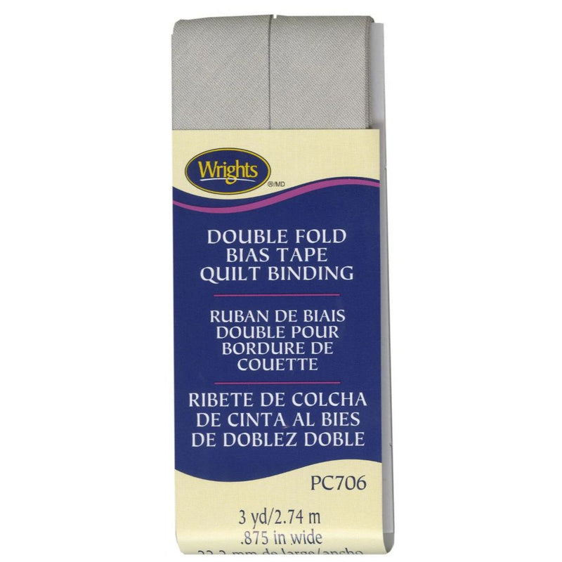 Wrights double fold grey bias tape quilt binding package on a white background