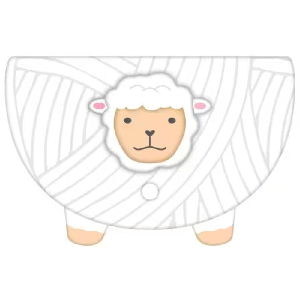 Sheep-shaped yarn bowl with a face on a white background