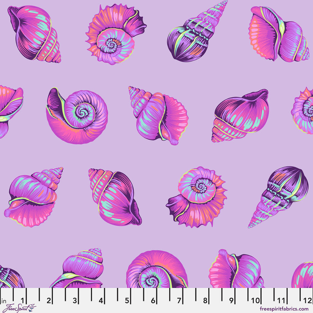 Colorful pink and purple shell pattern on a light purple background