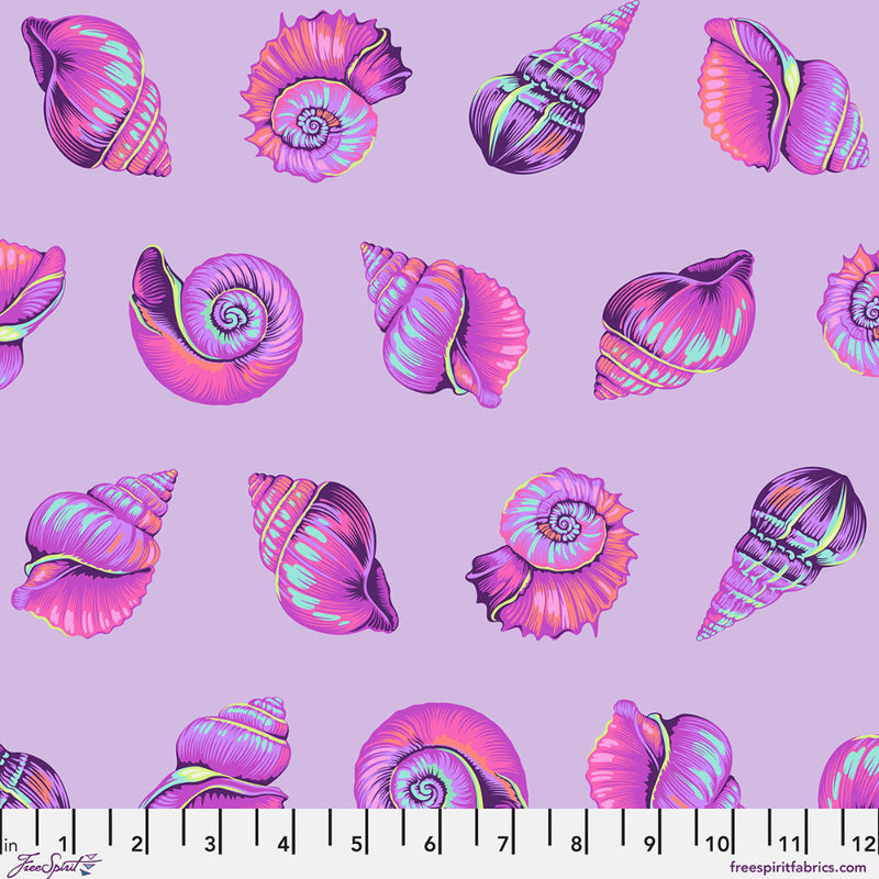 Colorful pink and purple shell pattern on a light purple background