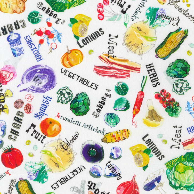 Colorful illustrations of fruits, vegetables, and meats with labels on a white background