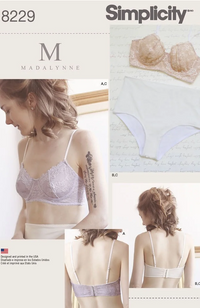 Model wearing lace underwire bra from the front, and two versions of  the back on a white background with Simplicity and Madalynne branding.