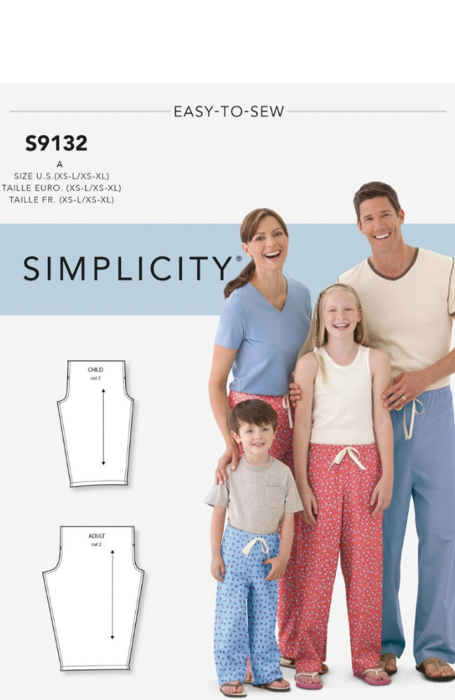 Models posing as a family in coordinating pajama pants with two pajama pattern pieces and Simplicity branding and text on a light blue background.