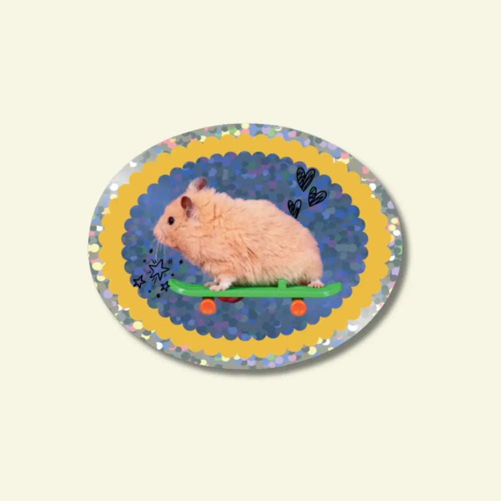 Sticker of a hamster on a skateboard on a glitter background