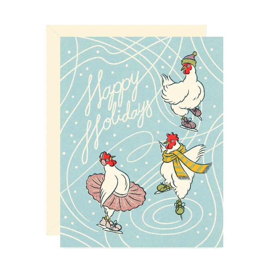 Holiday card with chickens wearing scarves and skates on a blue background
