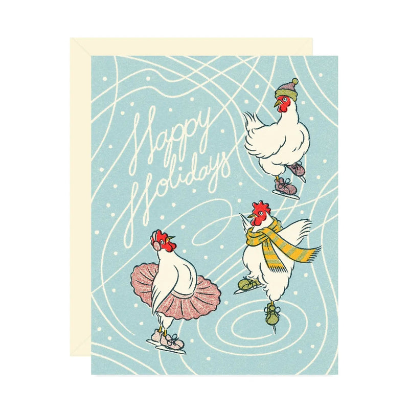 Holiday card with chickens wearing scarves and skates on a blue background
