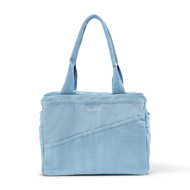 Light blue tote bag with 'Soolia' branding on a white background