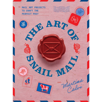 The front cover of 'The Art Of Snail Mail' by Martina Calvi, featuring a wax seal and stamps on a pink background
