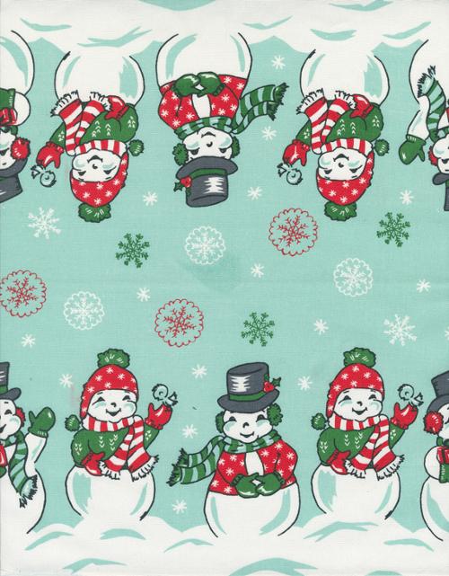 Pattern of cartoon snowmen with festive hats and scarves on a light blue background with snowflakes.