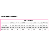 A size and yardage reference chart showing measurements for Little Kid, Big Kid, Adult S, Adult M, Adult L, Adult XL, and Adult 2XL by color category, with a white background and black text.