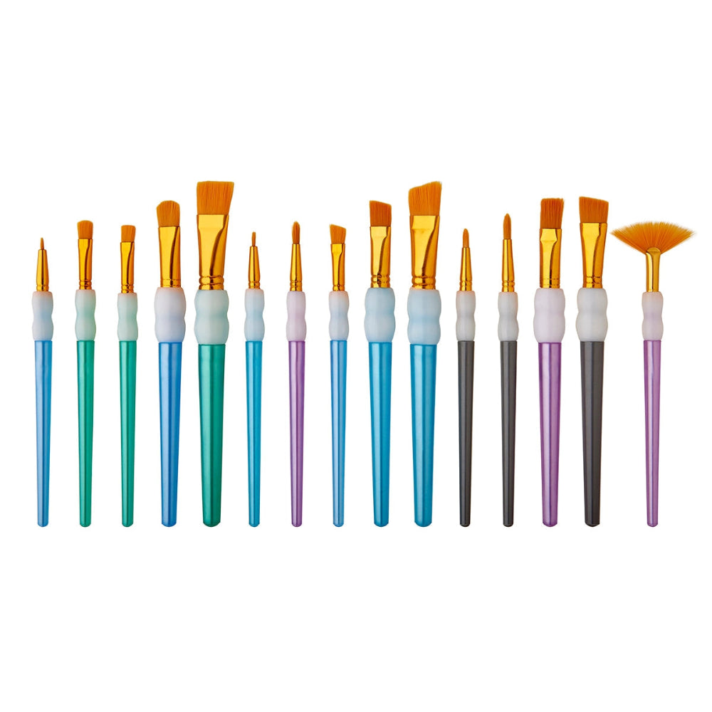 15 paintbrushes with assorted color soft grip handles and gold bristles on a white background