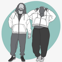 Line drawing of a man and a woman in zipper hoodies with pockets