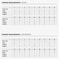 Finished measurements chart for the Solstice Hoodie pattern