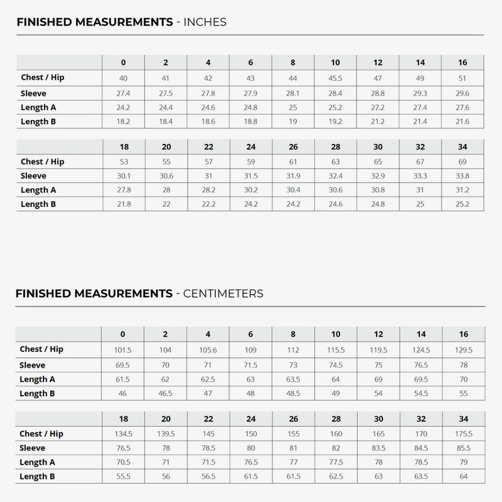 Finished measurements chart for the Solstice Hoodie pattern