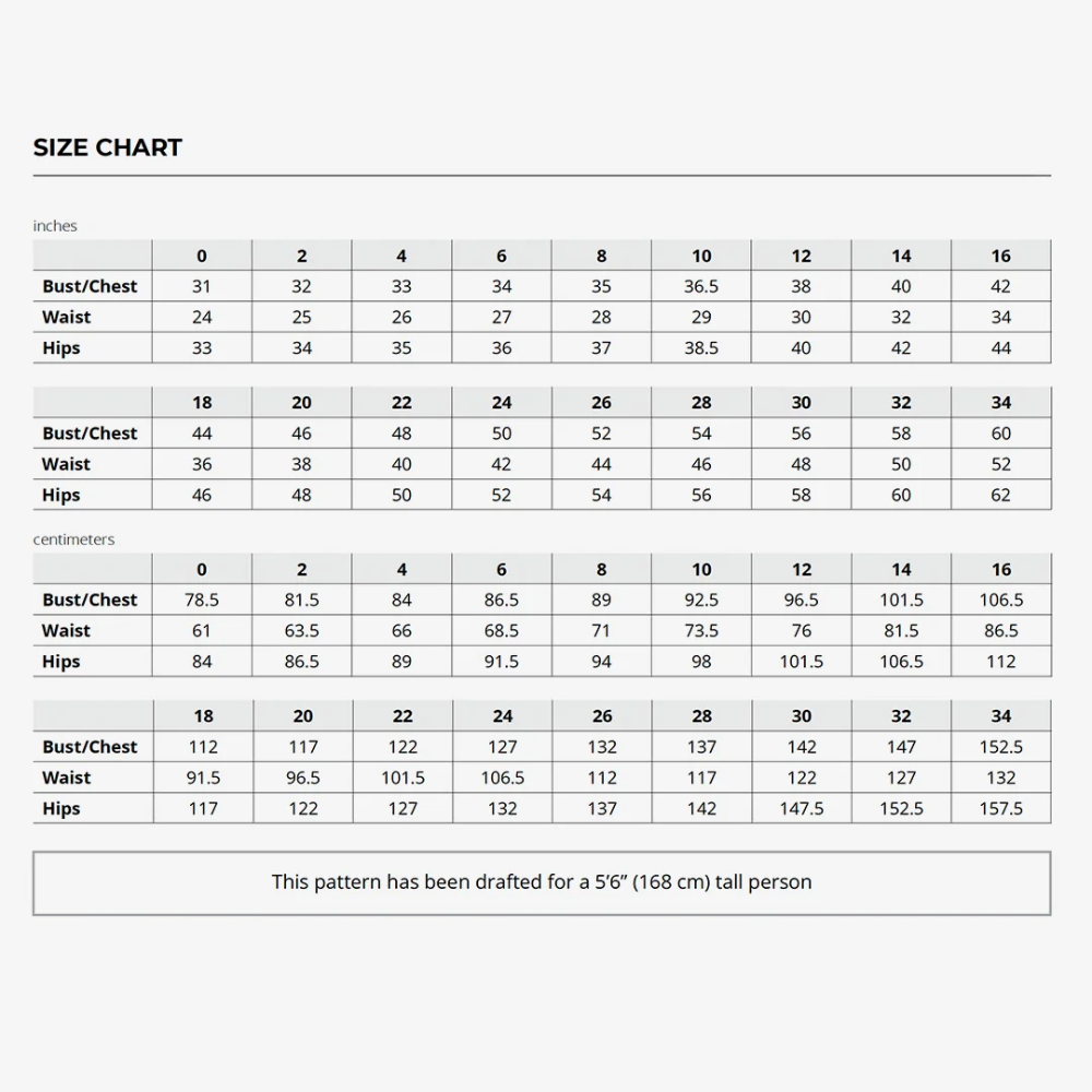 Size chart for the Solstice Hoodie pattern