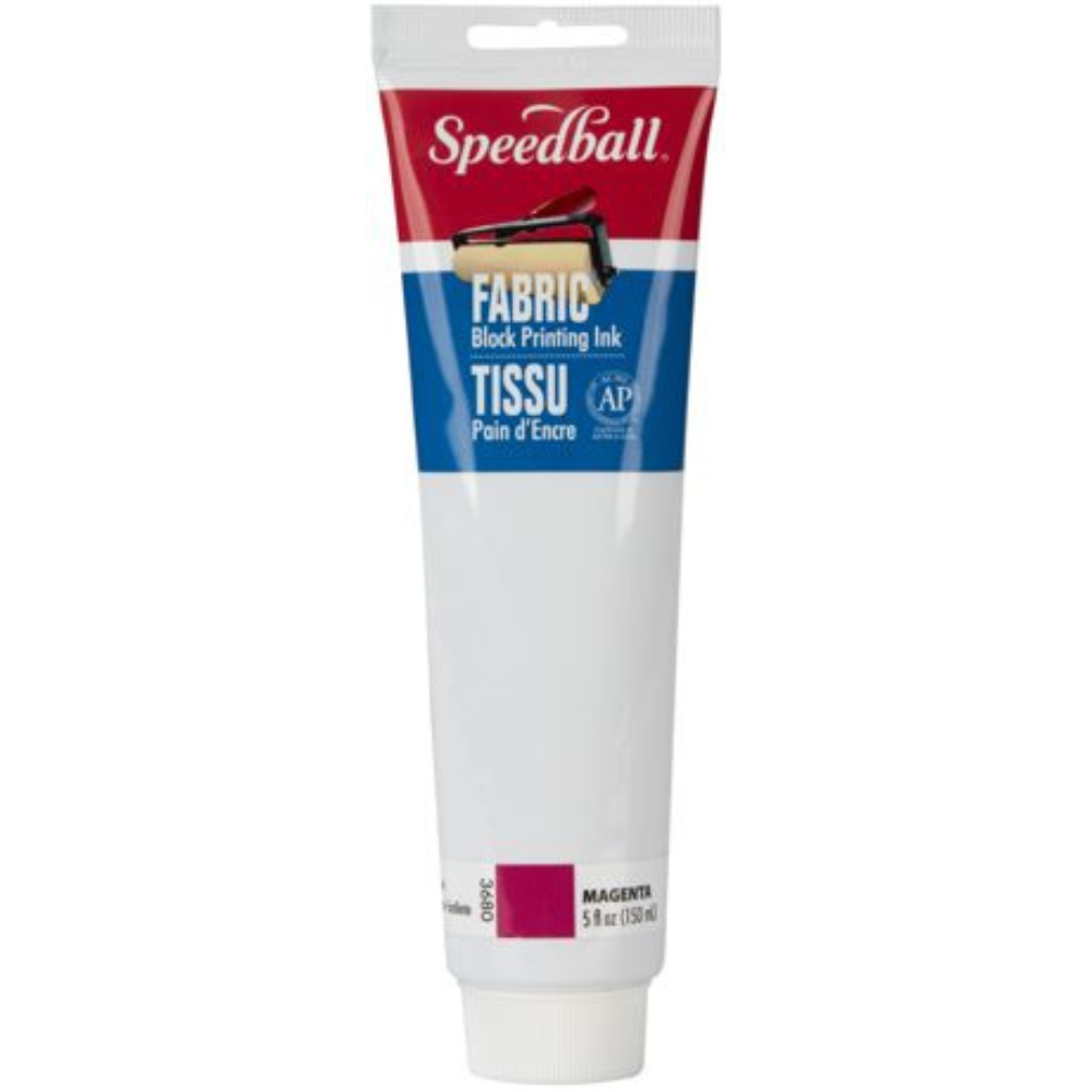 A tube of Speedball Fabric Block Printing Ink in the Magenta shade, featuring a white body with a red and blue label on a plain white background.