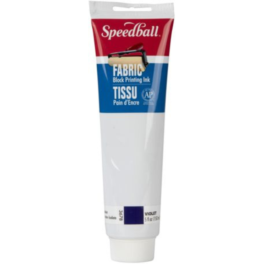 A tube of Speedball Fabric Block Printing Ink in the color Violet, featuring a red and blue label on a plain white tube on a white background.