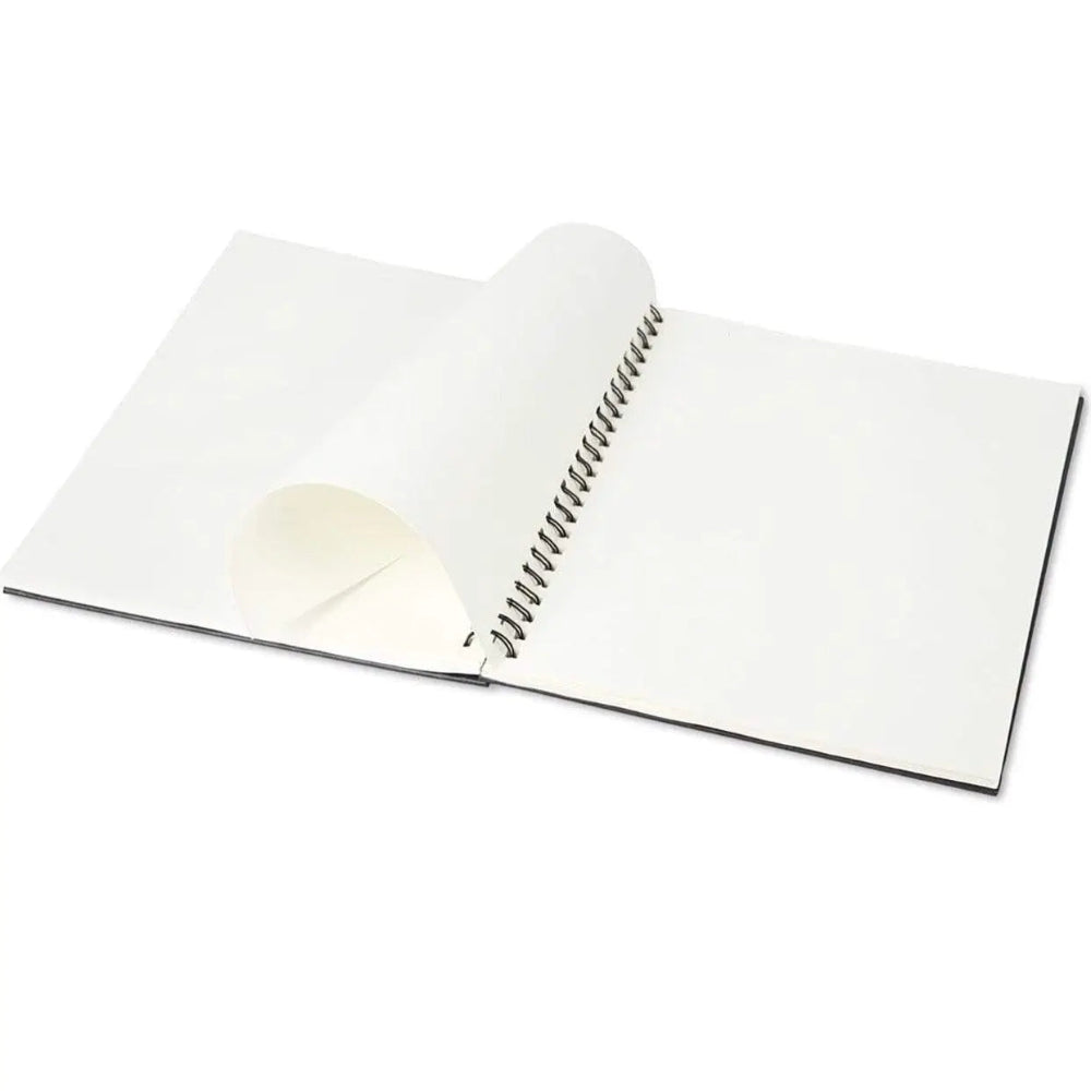 Spiral bound hardcover notebook lying open on a white surface