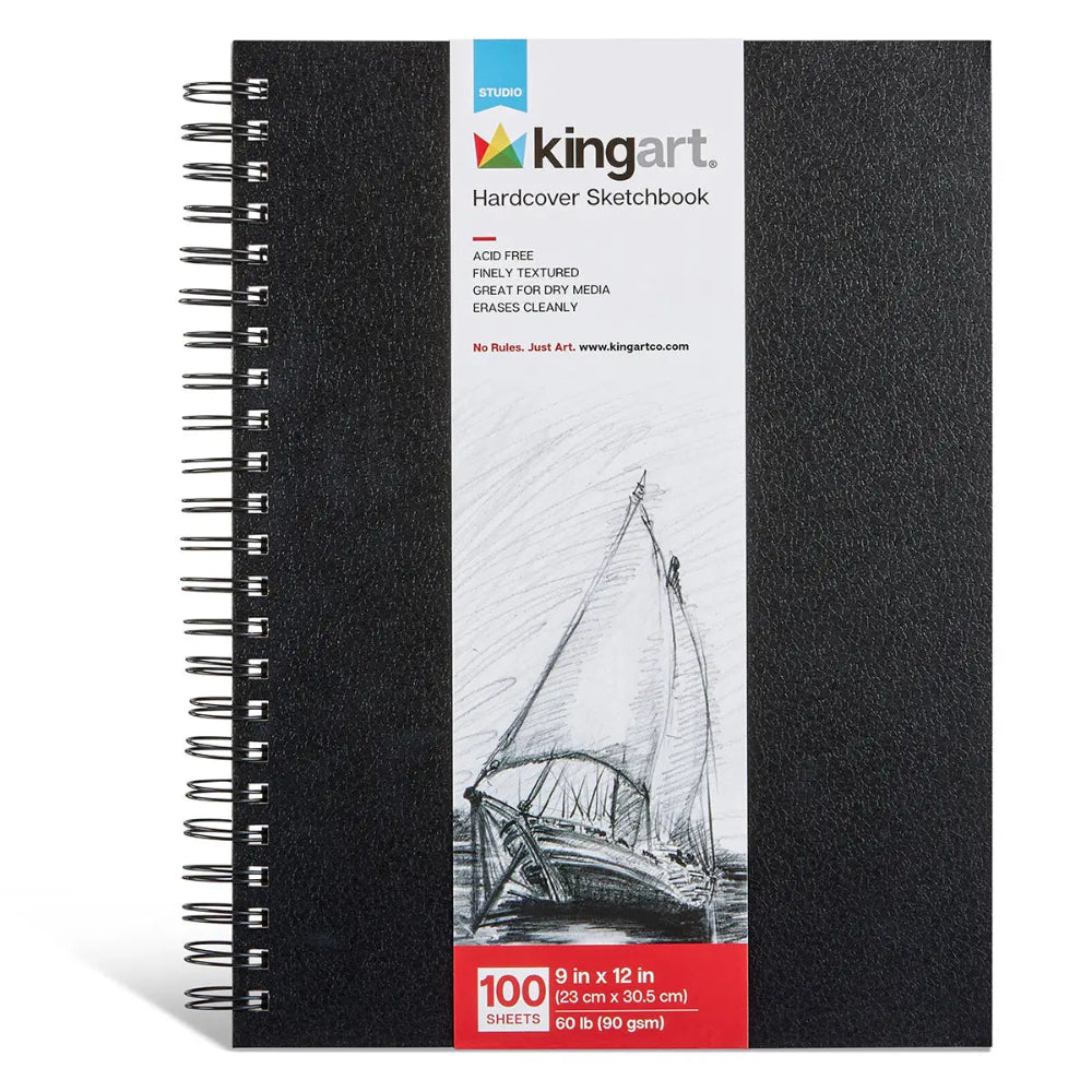 Spiral bound black hardcover sketchbook with branded packaging against a white background