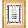 Cross-stitched design with text 'Live Laugh Love STAB! STAB! STAB!' in a decorative frame.