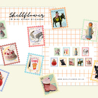 Collection of Shellflower mini stamp stickers on a grid background