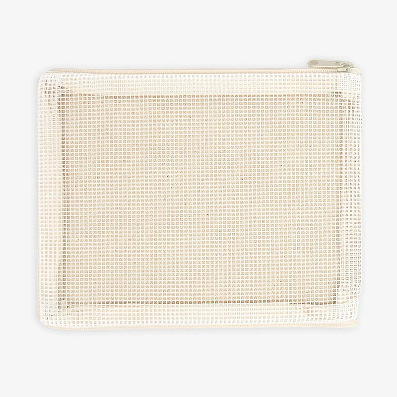 Beige woven pouch on a white background