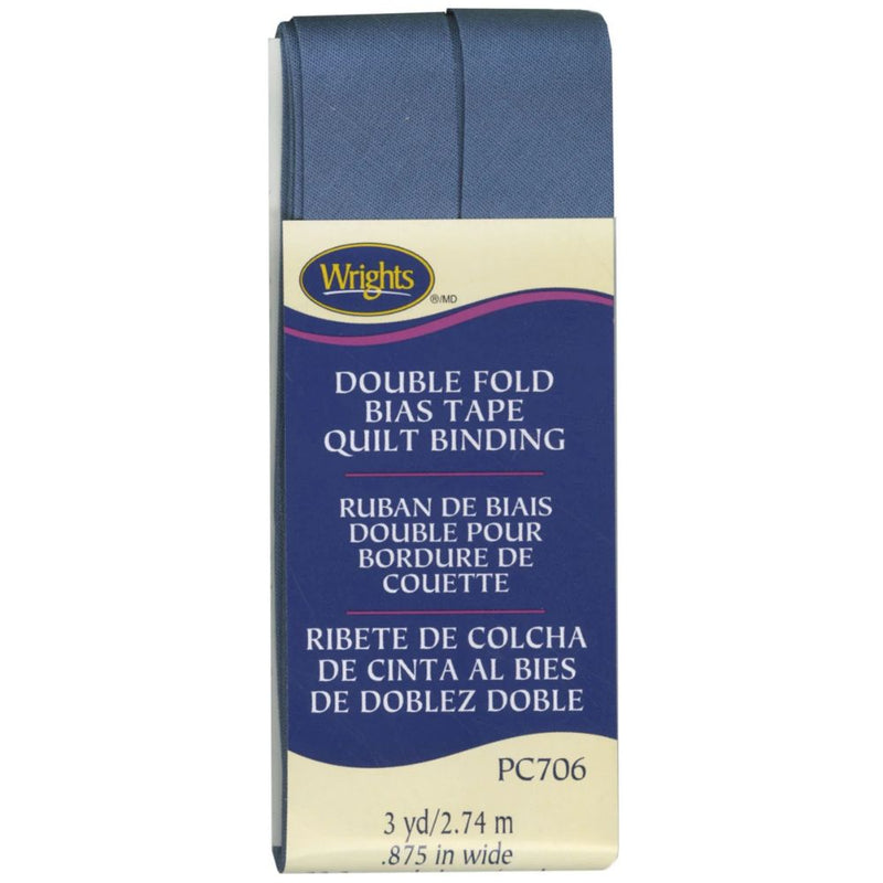 Wrights double fold blue 
bias tape quilt binding package on a white background