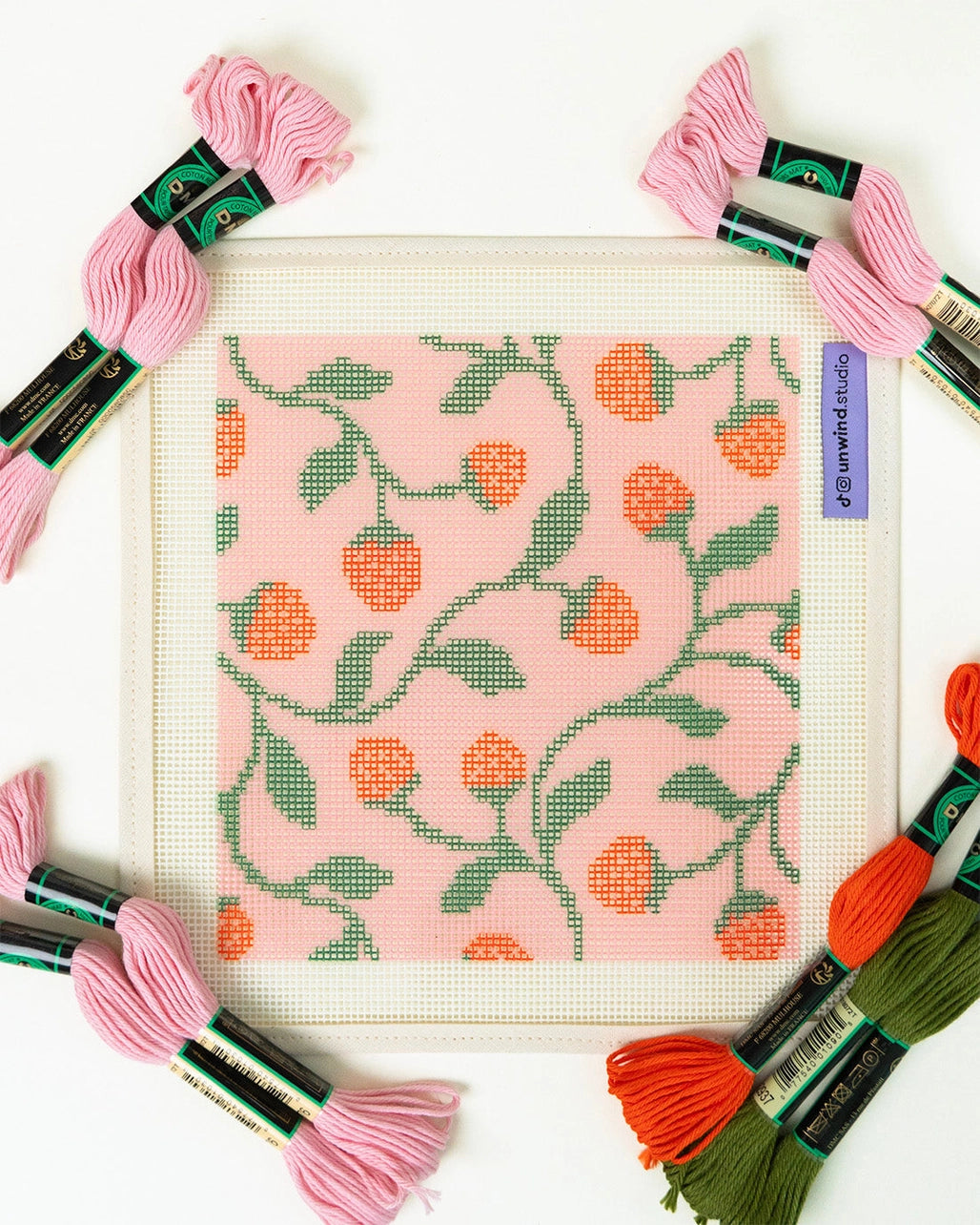 Needlepoint canvas with a strawberry design surrounded by colorful skeins of thread