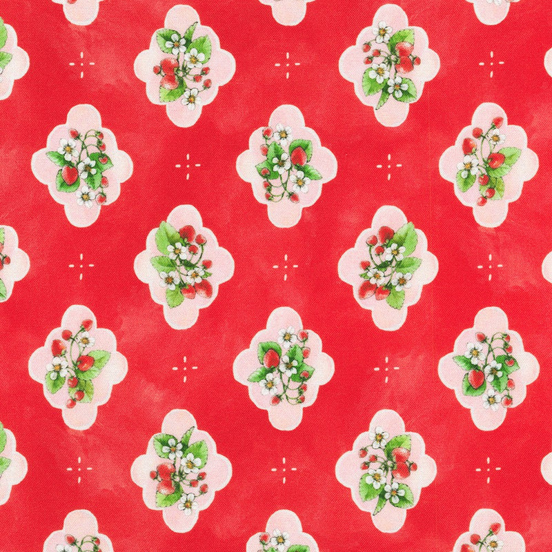 Pattern of floral designs with berries on a red background