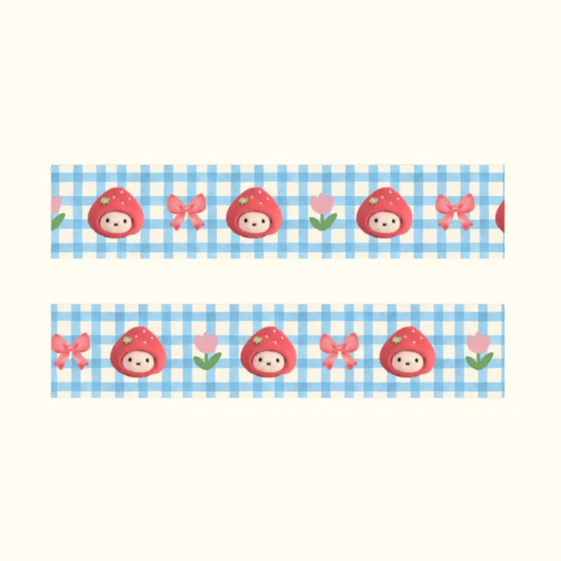 Two sets of decorative ribbons with cartoon characters wearing a strawberry hat on a blue checkered background.