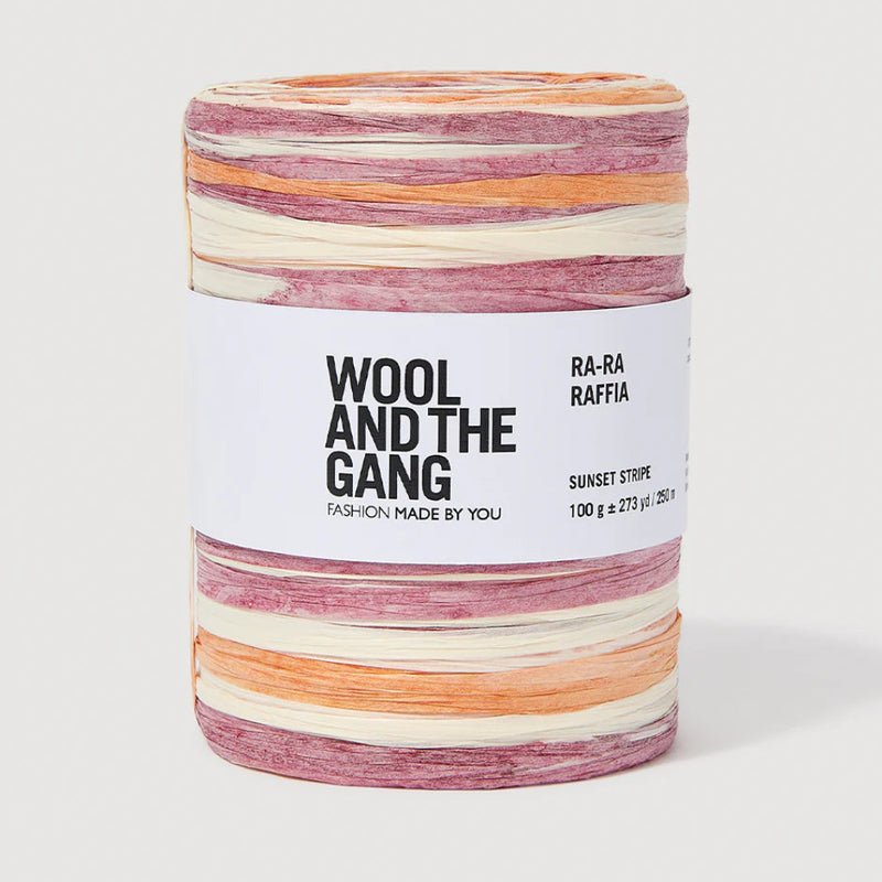 Spool of Wool and the Gang RA-RA Raffia with pink, orange, and white stripes on a white background