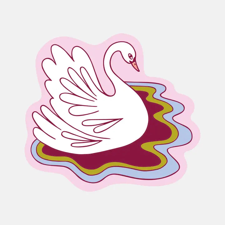 Colorful illustration of a swan on a light pink background