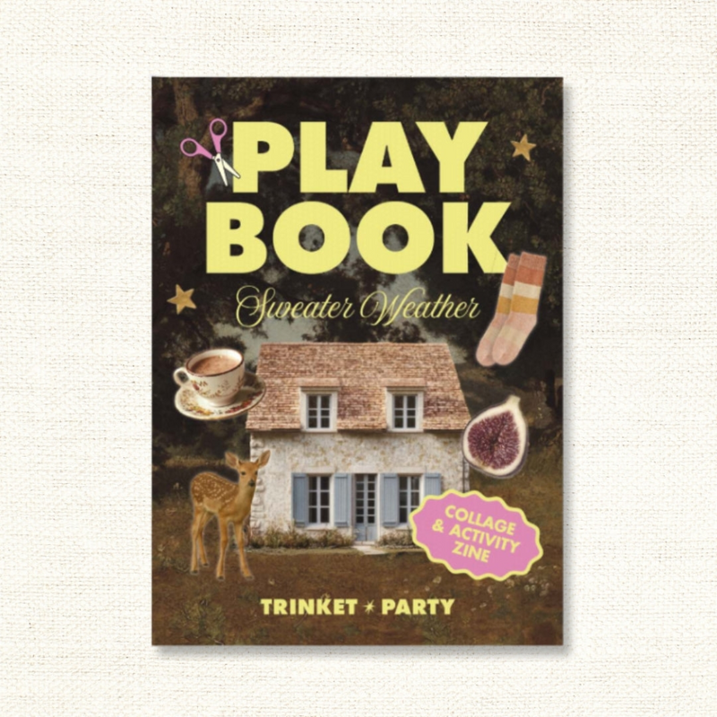 The front cover of 'Sweater Weather Playbook- Collage and Activity Zine' featuring a cozy cottage and autumnal designs
