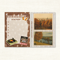 A collage spread with the text 'My Fall Playlist', left blank to fill in, and images of fall landscapes with bright leaves