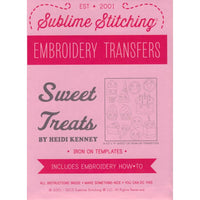 Package of Sublime Stitching embroidery transfers with 'Sweet Treats' design on pink background
