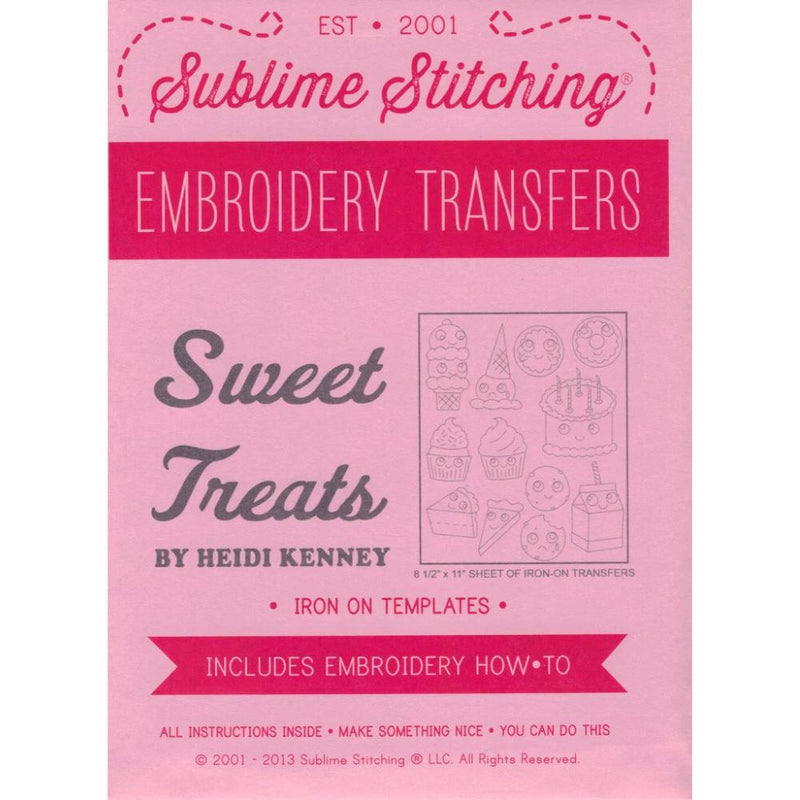 Package of Sublime Stitching embroidery transfers with 'Sweet Treats' design on pink background