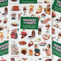 Pile of paper titled "Trinket Party" featuring various retro images.