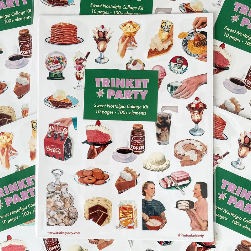 Pile of paper titled "Trinket Party" featuring various retro images.
