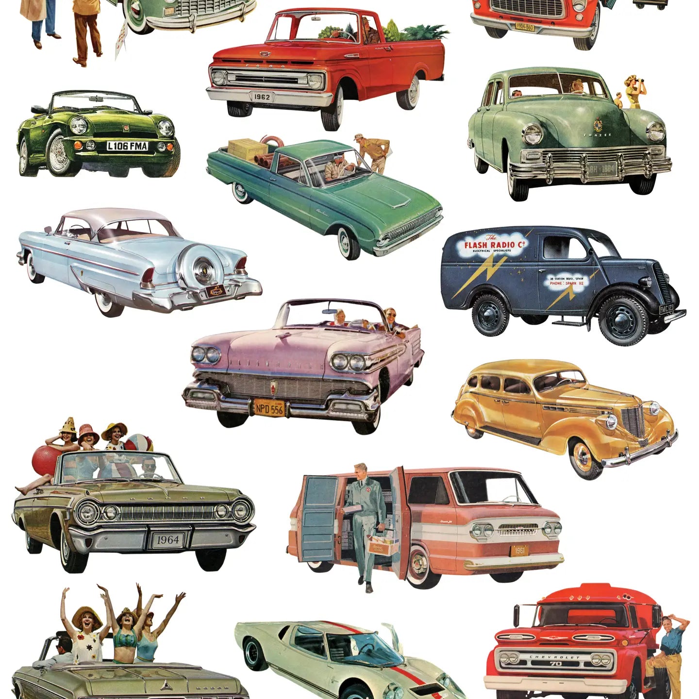 Paper featuring images of vintage cars.