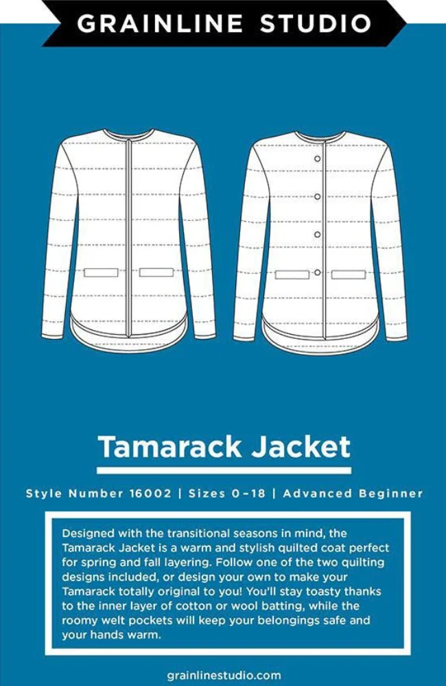 Illustration of the front and back of a button up jacket on a blue background with Grainline Studio branding at top and text about the pattern at the bottom.
