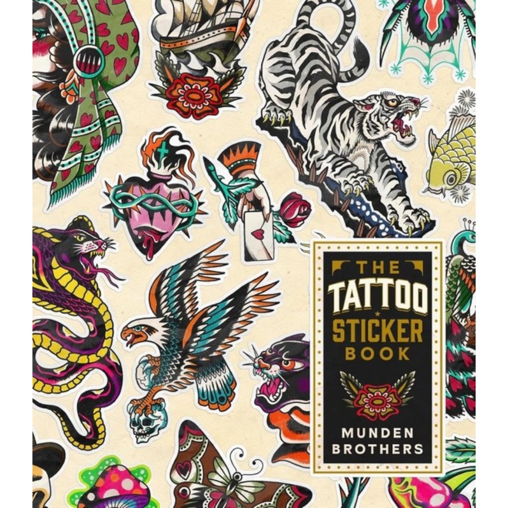 Tattoo-style book cover with various designs and 'The Tattoo Sticker Book' by Munden Brothers.