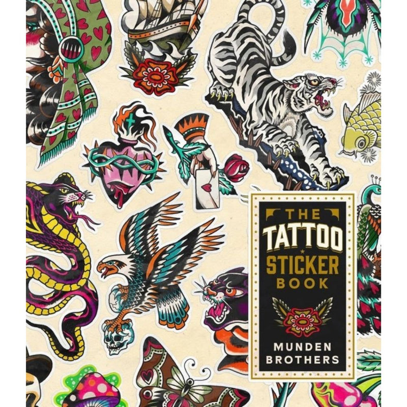 Tattoo-style book cover with various designs and 'The Tattoo Sticker Book' by Munden Brothers.