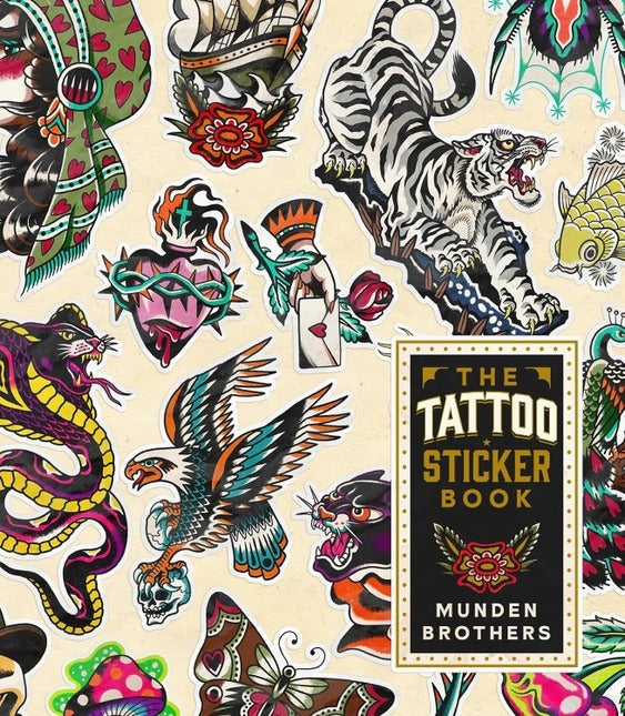 Tattoo-style book cover with various tattoos and 'The Tattoo Sticker Book' by Munden Brothers.