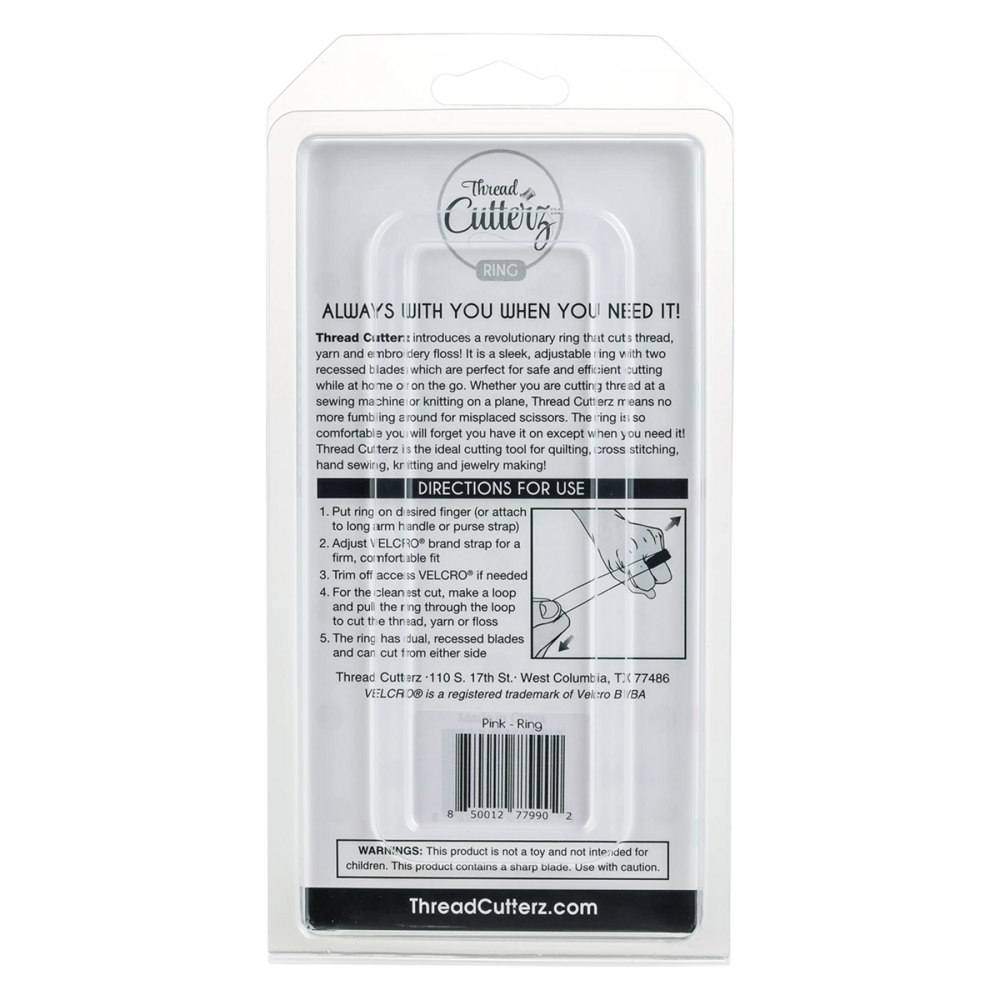 ThreadCutter thread starter kit in a clear plastic hanging bag with printed instructions and a barcode on a white background.